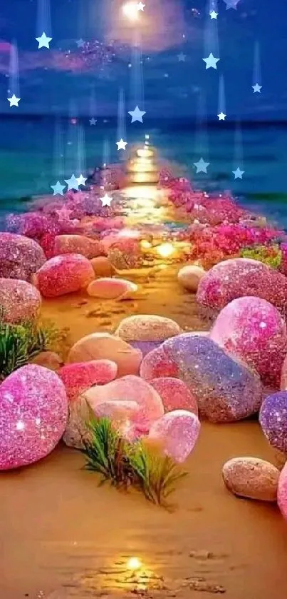 Moonlit beach with colorful stones and ocean reflections.