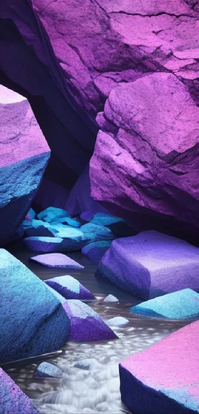 Vibrant purple and blue rocky landscape wallpaper for phones.