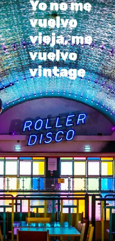 Vibrant roller disco with neon lights and colorful decor.