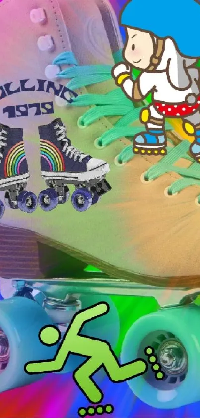 Colorful roller skate graphic with rainbow burst and cartoon character.