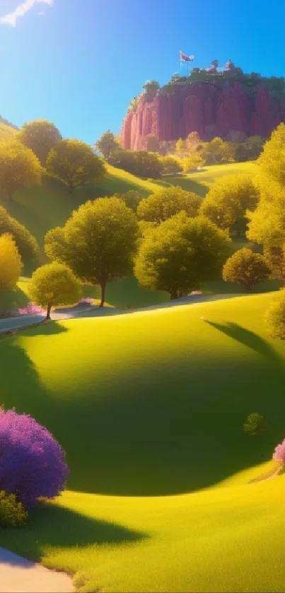 Vibrant rolling hills with colorful trees and lush greenery.