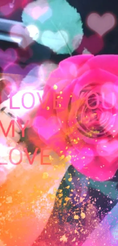 Vibrant love-themed wallpaper with pink hearts and rose.