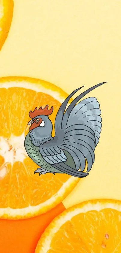 Artistic rooster on orange slices with yellow background.