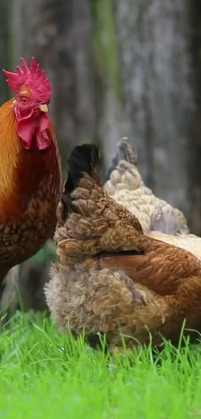 Rooster and hens on a grassy field with rustic background.