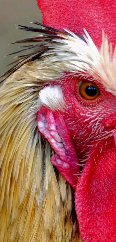 Close-up of a vibrant red rooster head with feather details.