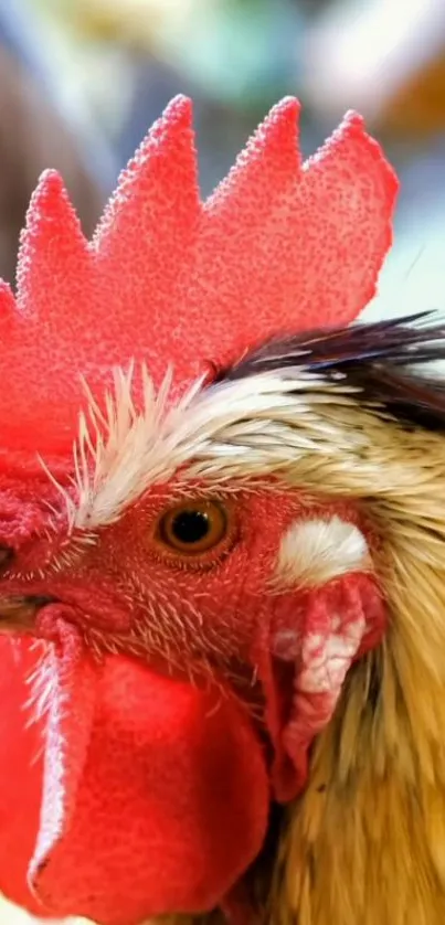 Close-up image of a vibrant rooster's head with detailed feathers.