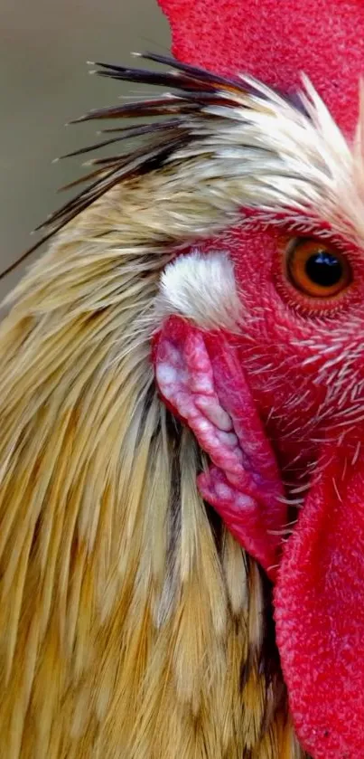 Close-up of a rooster with vibrant red and brown feathers.