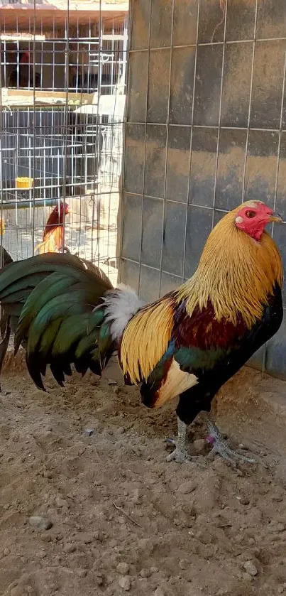 Vibrant rooster with colorful plumage in a farm setting.