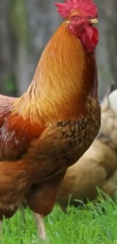 A vibrant rooster standing on lush green grass.