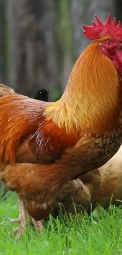 Vibrant rooster standing in a lush green field, perfect for a nature wallpaper.