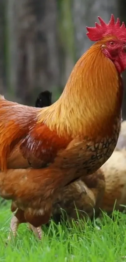 Vibrant rooster in a lush green field, showcasing farm life.