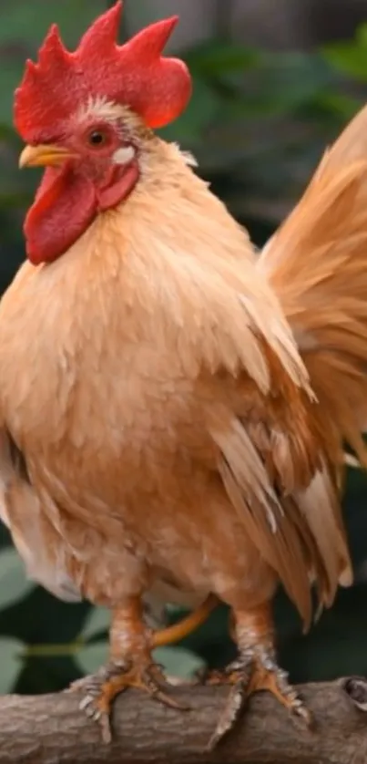 A vibrant rooster perched against a green background