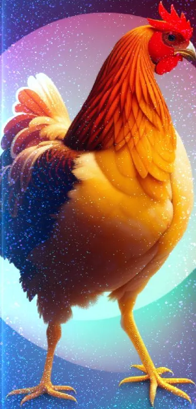 Vibrant orange rooster with a colorful gradient background.