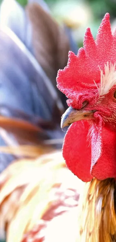 Close-up of a vibrant rooster with a bright red comb and detailed feathers.