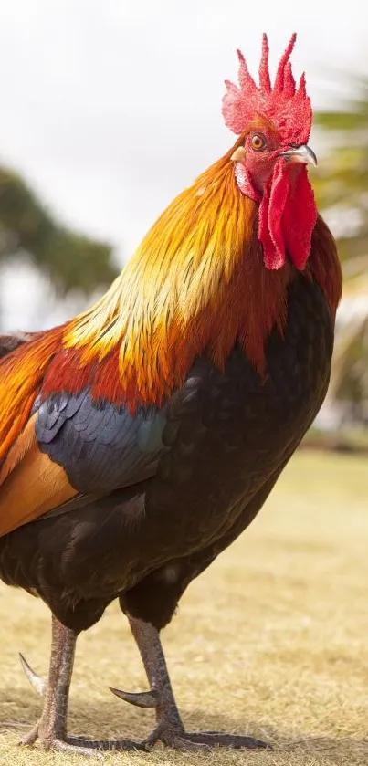 Vibrant rooster with colorful feathers in a natural setting.