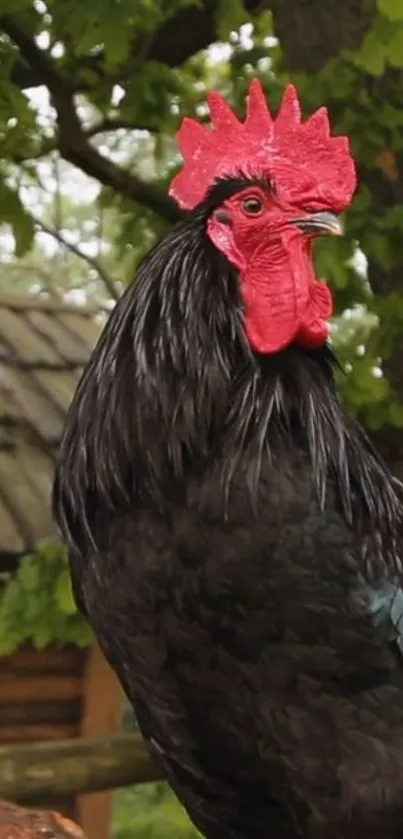 Black rooster with red comb on farm background.