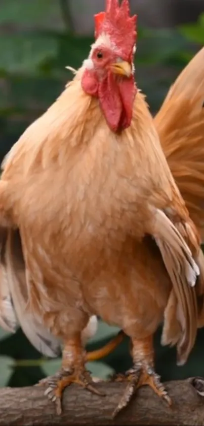 Close-up of a vibrant rooster standing on a branch.