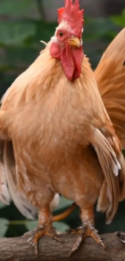 A vibrant rooster perched on a branch.