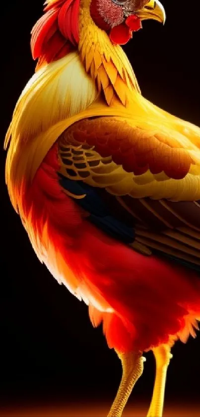 Vibrant illustration of a rooster with colorful feathers on a dark background.