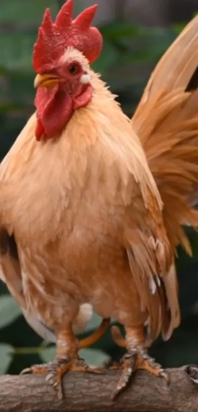 Vibrant rooster standing on a branch with lush green background.