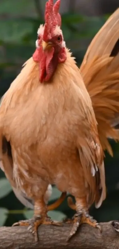 Vibrant rooster with orange feathers perched on a branch, set against green foliage.