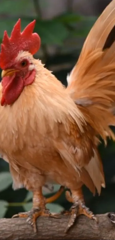 A majestic rooster with colorful feathers standing on a branch.