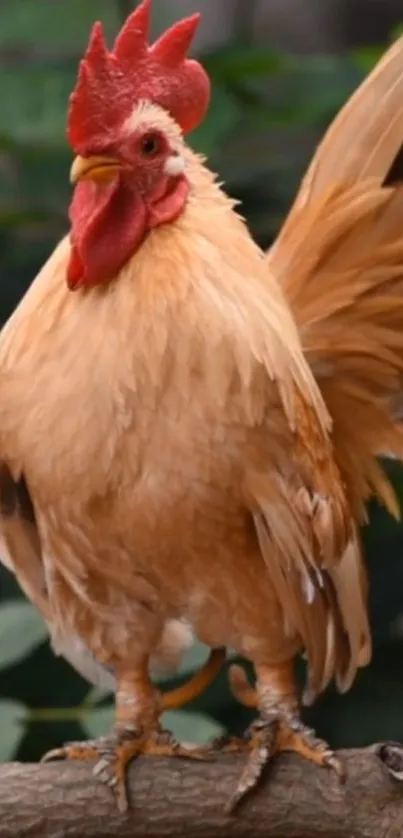 Vibrant rooster standing on a branch with lush green leaves.