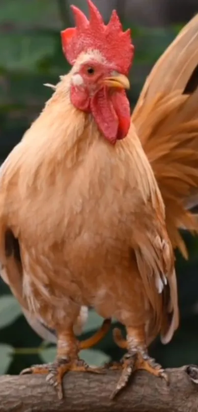 Vivid beige rooster on a log, lush background.