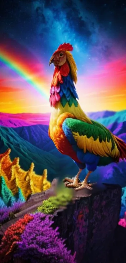 Colorful rooster on a cliff with a vivid rainbow and mountain landscape.