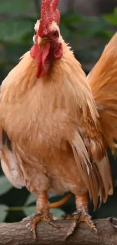 Brown rooster standing on a branch against green leaves.