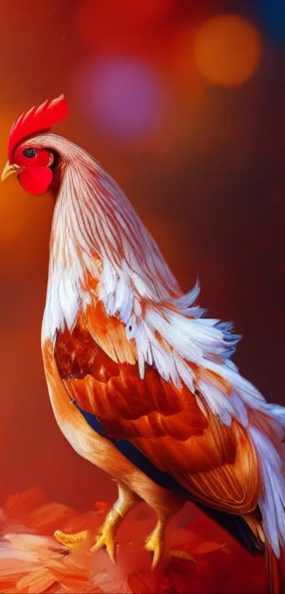 Beautiful vibrant orange rooster on colorful background.