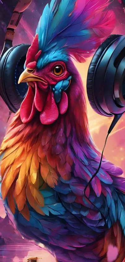 Vibrant colorful rooster wearing headphones, fantasy art design.