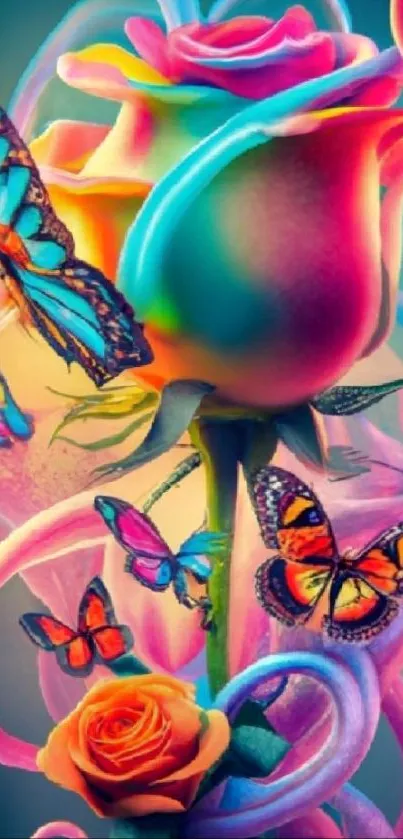 Vivid rose and butterflies in colorful art wallpaper.