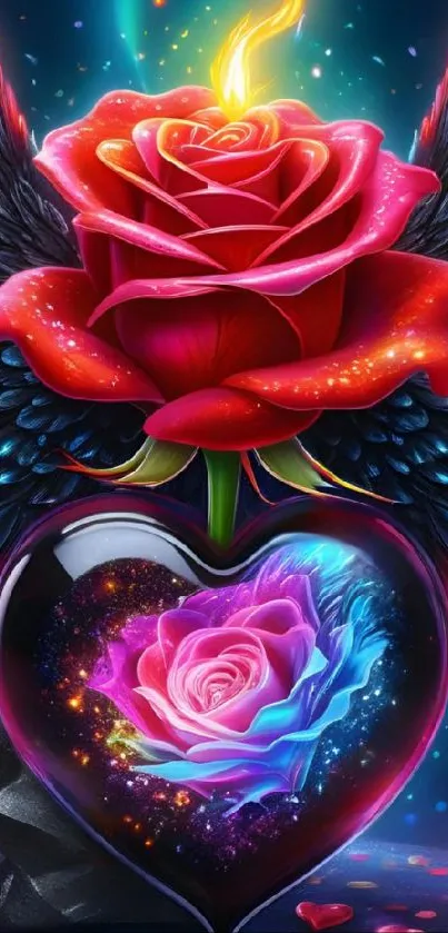 Vibrant rose with wings and a cosmic heart design.