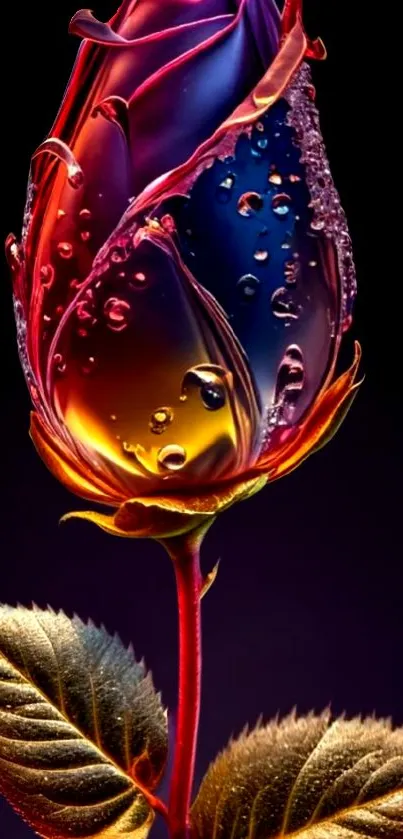 Vibrant multicolored abstract rose with water droplets on a dark background.