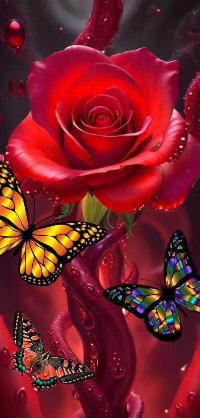 Vibrant red rose and colorful butterflies on dark background.