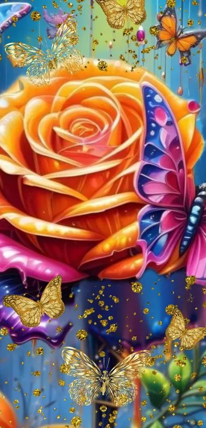 Colorful rose and butterflies with golden accents on blue background.