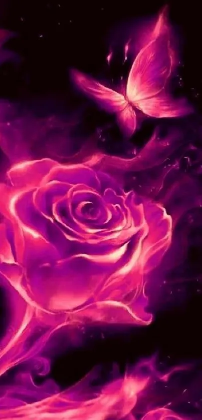 Pink rose and butterfly vibrant wallpaper.