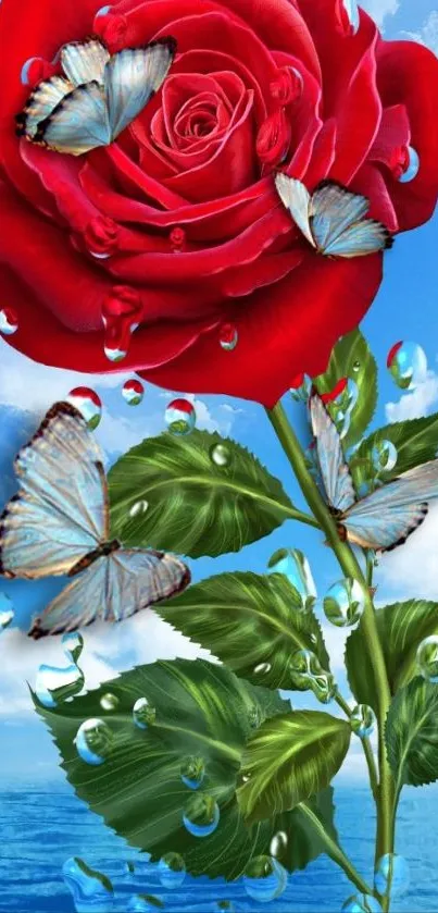 Red rose with blue butterflies and sky background.