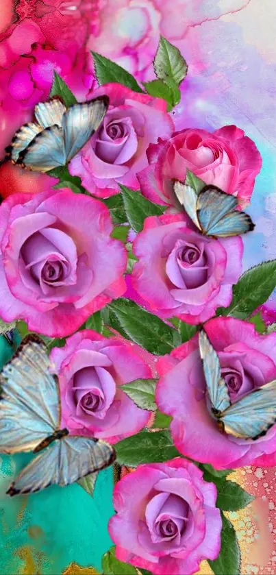 Mobile wallpaper with pink roses and butterflies.