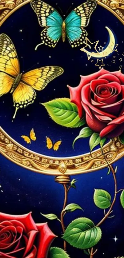 Vibrant wallpaper with roses and butterflies against a starry background.