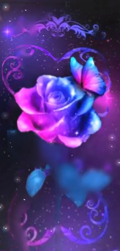 Purple rose and butterfly on galaxy background wallpaper.