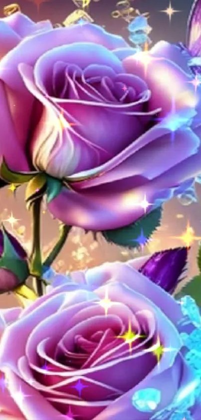 Vibrant purple roses with butterfly and crystals in art.