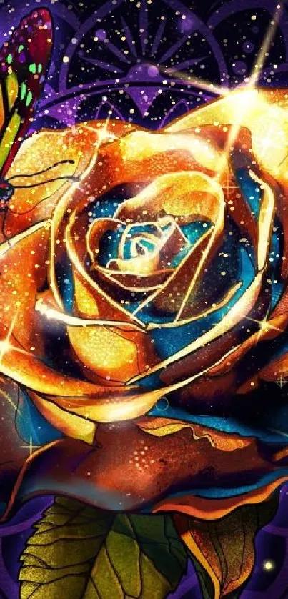 Vibrant rose with butterfly mobile wallpaper, glowing with colors.