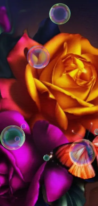 Vibrant digital art of a yellow rose with bubbles and a butterfly.