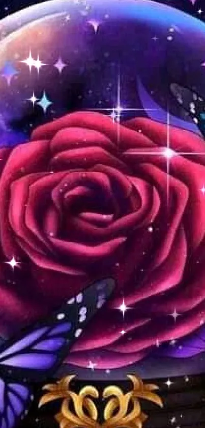 A vibrant artwork of a red rose surrounded by purple butterflies and a celestial background.