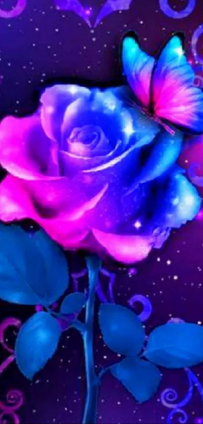 Blue and pink rose with butterfly wallpaper.