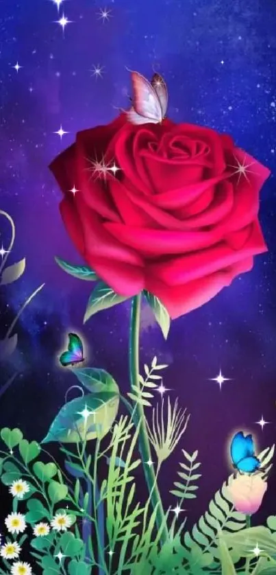 Red rose and butterfly with a galaxy background.