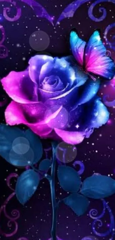 Purple rose and butterfly with starry night background wallpaper.