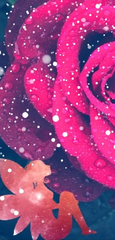 Mobile wallpaper of pink rose with dewdrops and fairy.
